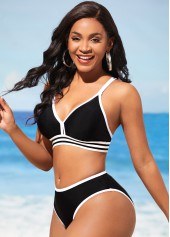 Contrast Stitch Cross Strap Black Bikini Set