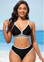 Contrast Stitch Cross Strap Black Bikini Set