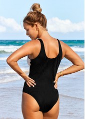 Textured Fabric Decorative Button Black One Piece Swimwear