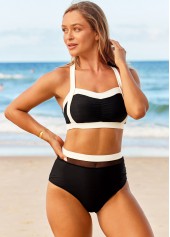 High Waisted Contrast Cross Strap Bikini Set