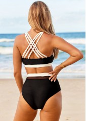 High Waisted Contrast Cross Strap Bikini Set