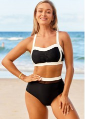 High Waisted Contrast Cross Strap Bikini Set