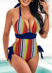 Halter Striped Bowknot Side One Piece Swimwear