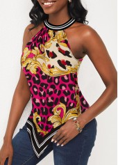 Leopard Rose Red Baroque Print Bib Neck Tank Top