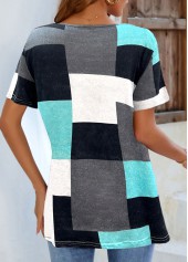 V Neck Short Sleeve Cyan Contrast T Shirt