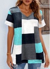 V Neck Short Sleeve Cyan Contrast T Shirt