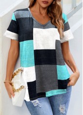 V Neck Short Sleeve Cyan Contrast T Shirt