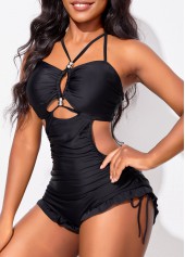 Cut Out Black Drawstring One Piece Swimwear