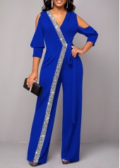 Royal Blue Sequin V Neck Jumpsuit