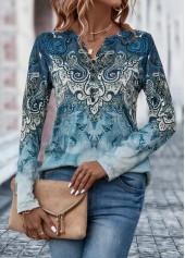 Tribal Print Button Dusty Blue T Shirt