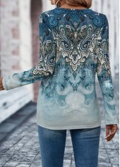 Tribal Print Button Dusty Blue T Shirt