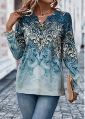 Tribal Print Button Dusty Blue T Shirt