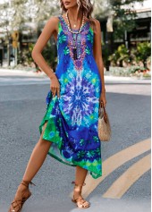 Tie Dye Print Asymmetry Blue H Shape Dress