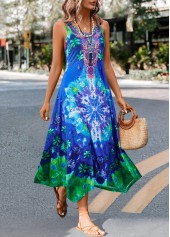 Tie Dye Print Asymmetry Blue H Shape Dress