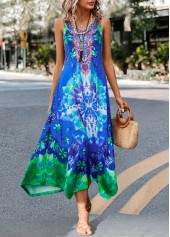 Tie Dye Print Asymmetry Blue H Shape Dress