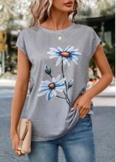 Floral Print Light Grey Marl Short Sleeve T Shirt