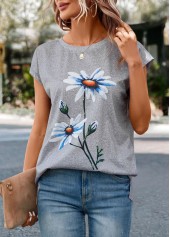 Floral Print Light Grey Marl Short Sleeve T Shirt