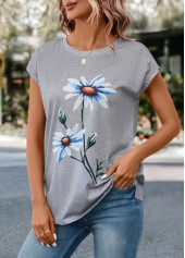 Floral Print Light Grey Marl Short Sleeve T Shirt
