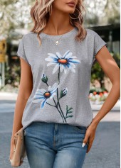 Floral Print Light Grey Marl Short Sleeve T Shirt