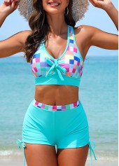 Cyan Mid Waisted Geometric Print Criss Cross Bikini Set