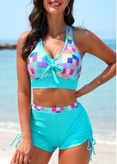 Cyan Mid Waisted Geometric Print Criss Cross Bikini Set