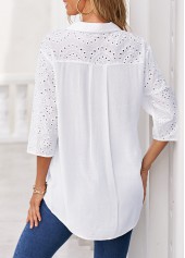 Hollow Embroidery White Turndown Collar Blouse