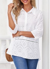 Hollow Embroidery White Turndown Collar Blouse