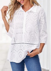 Hollow Embroidery White Turndown Collar Blouse