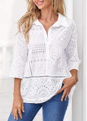 Hollow Embroidery White Turndown Collar Blouse