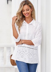 Hollow Embroidery White Turndown Collar Blouse