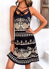 Tribal Print Criss Cross Black Dress