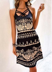 Tribal Print Criss Cross Black Dress