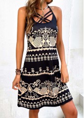 Tribal Print Criss Cross Black Dress