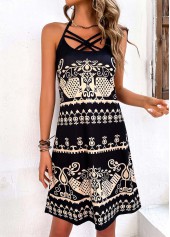 Tribal Print Criss Cross Black Dress
