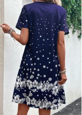 Floral Print Cut Out Navy H Shape Dress