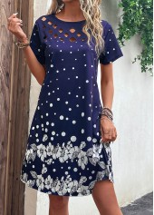 Floral Print Cut Out Navy H Shape Dress