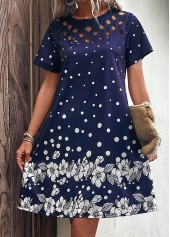 Floral Print Cut Out Navy H Shape Dress