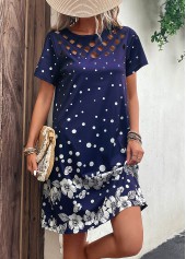 Floral Print Cut Out Navy H Shape Dress