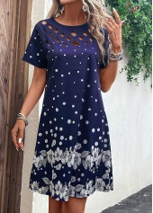 Floral Print Cut Out Navy H Shape Dress
