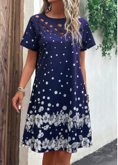 Floral Print Cut Out Navy H Shape Dress