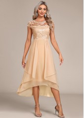 Round Neck Lace Champagne High Low Dress