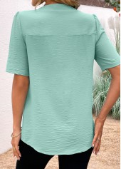 Split Neck Button Avocado Green Short Sleeve Blouse