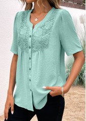 Split Neck Button Avocado Green Short Sleeve Blouse