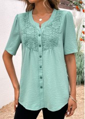 Split Neck Button Avocado Green Short Sleeve Blouse