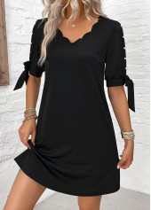 V Neck Pearl Black Short A Line Dress