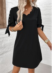 V Neck Pearl Black Short A Line Dress