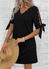 V Neck Pearl Black Short A Line Dress