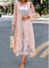 Floral Print Pink Maxi Long Sleeve Dress and Cardigan