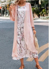 Floral Print Pink Maxi Long Sleeve Dress and Cardigan