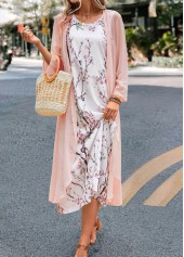 Floral Print Pink Maxi Long Sleeve Dress and Cardigan